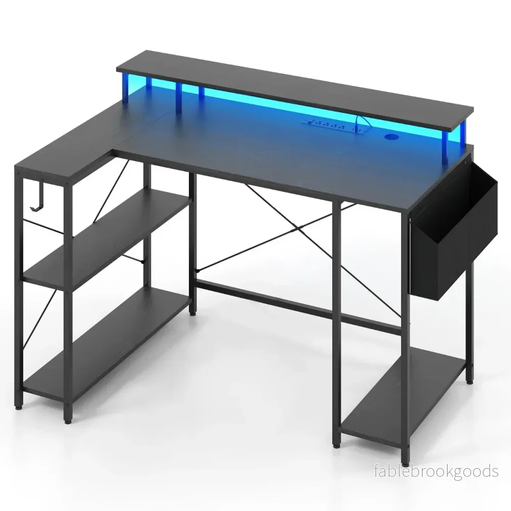 L – format skrivbord med uttag och LED belysning speldatorbord – Svart