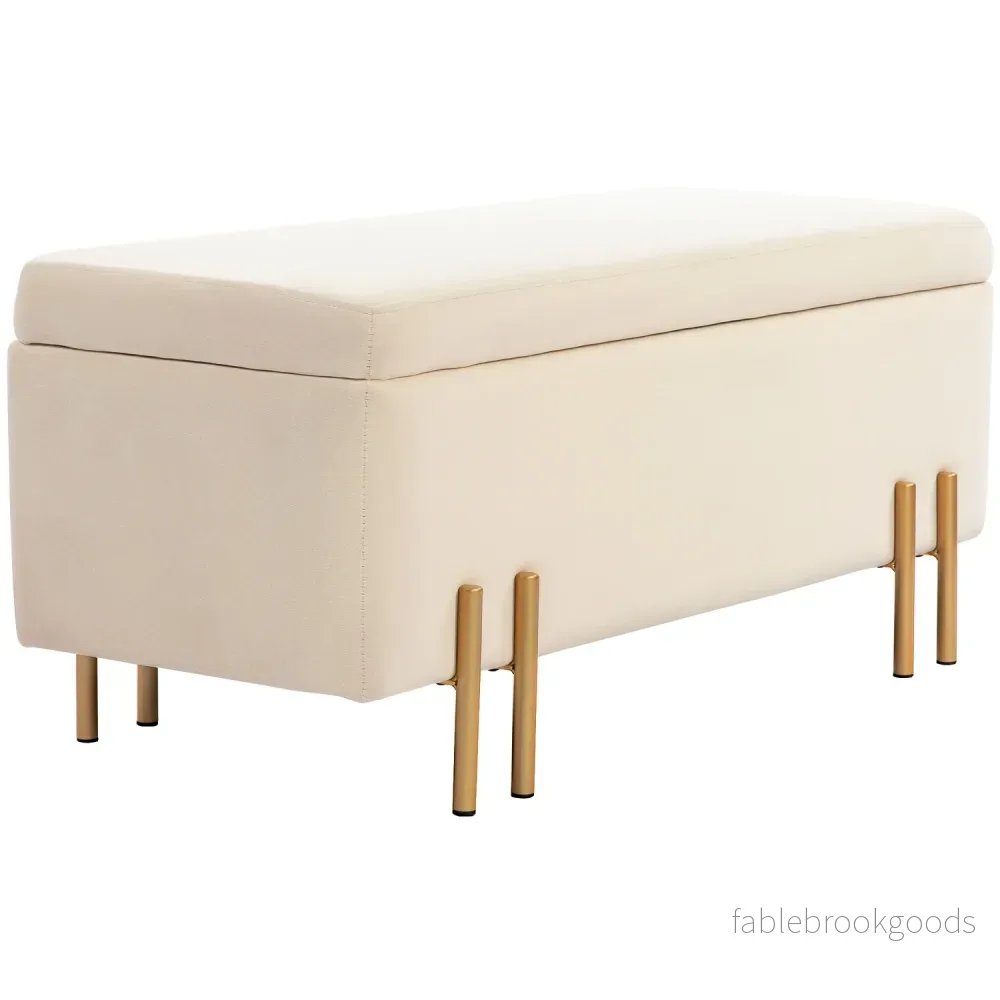 Beige sammetsklädd förvaringsbänk med träben