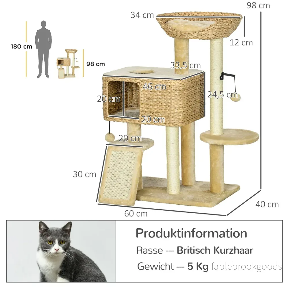 Kattträd 98cm med Sisal, 2 bäddar, Toy Ball, Beige - Bild 3