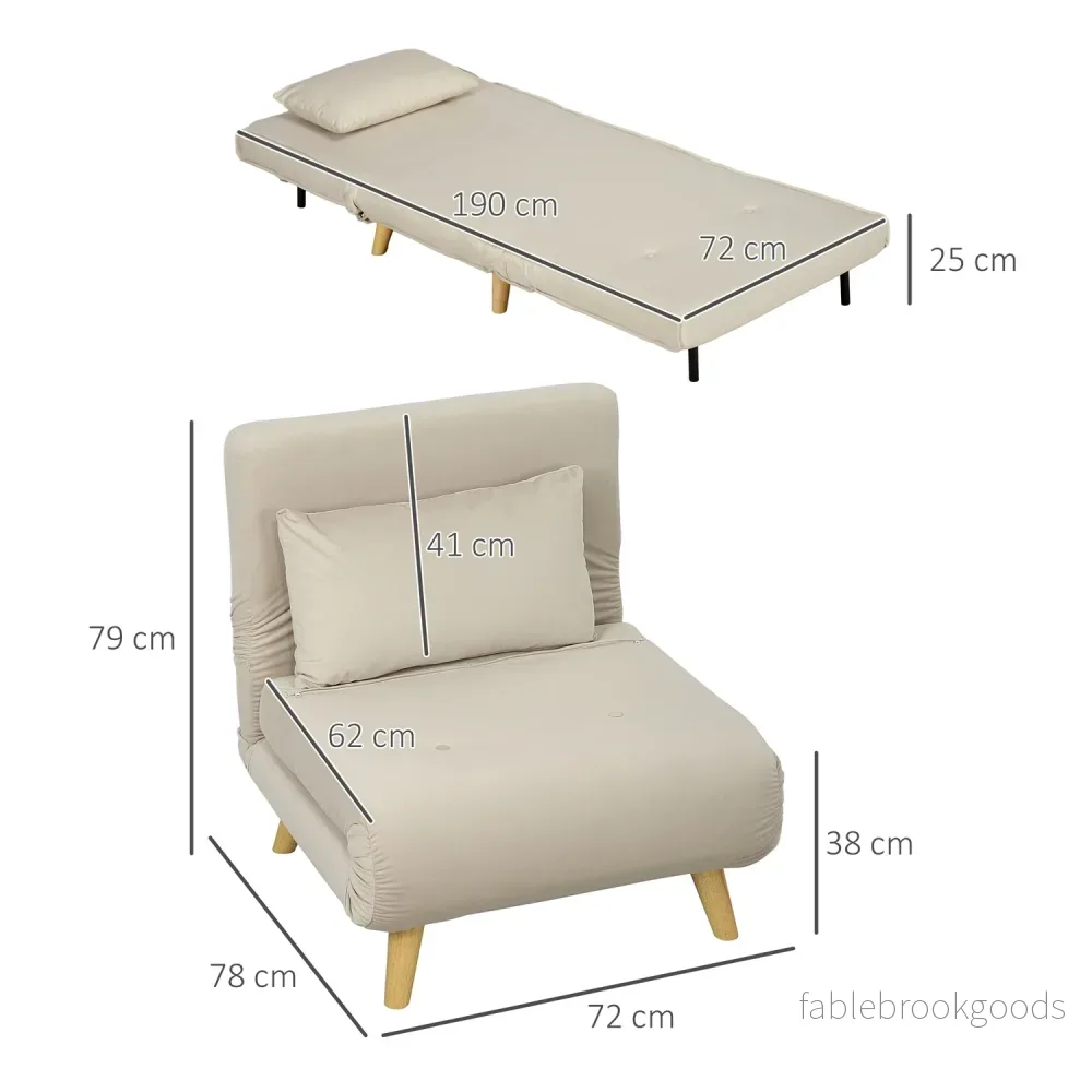 Folding Velvet Look Sleeper Chair med kuddar, Beige - Bild 3