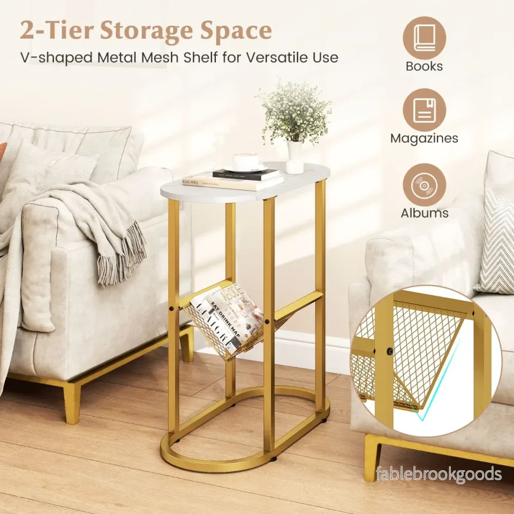 Smalt – sidobord stegs ovalt sängbord med tidskriftsfack platsbesparande soffbord Vitt – 2 – Vit - Bild 3
