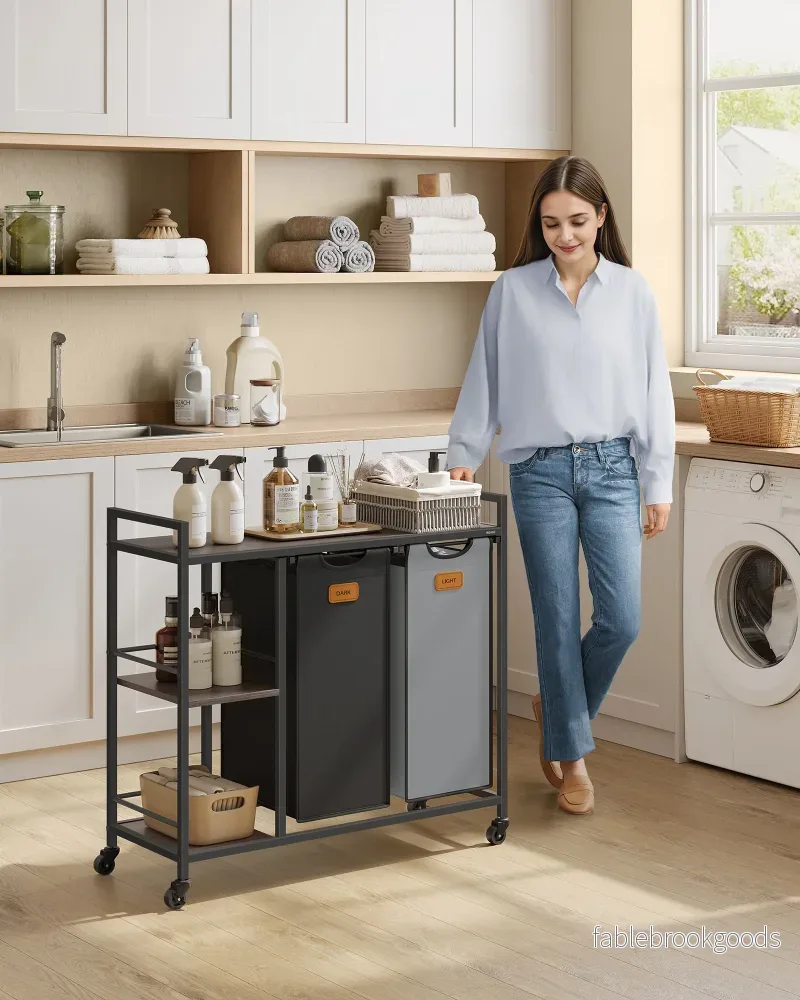Tvättkorg med 2 fack – Snygg design – Rödbrun bläck svart-duvgrå - Bild 2