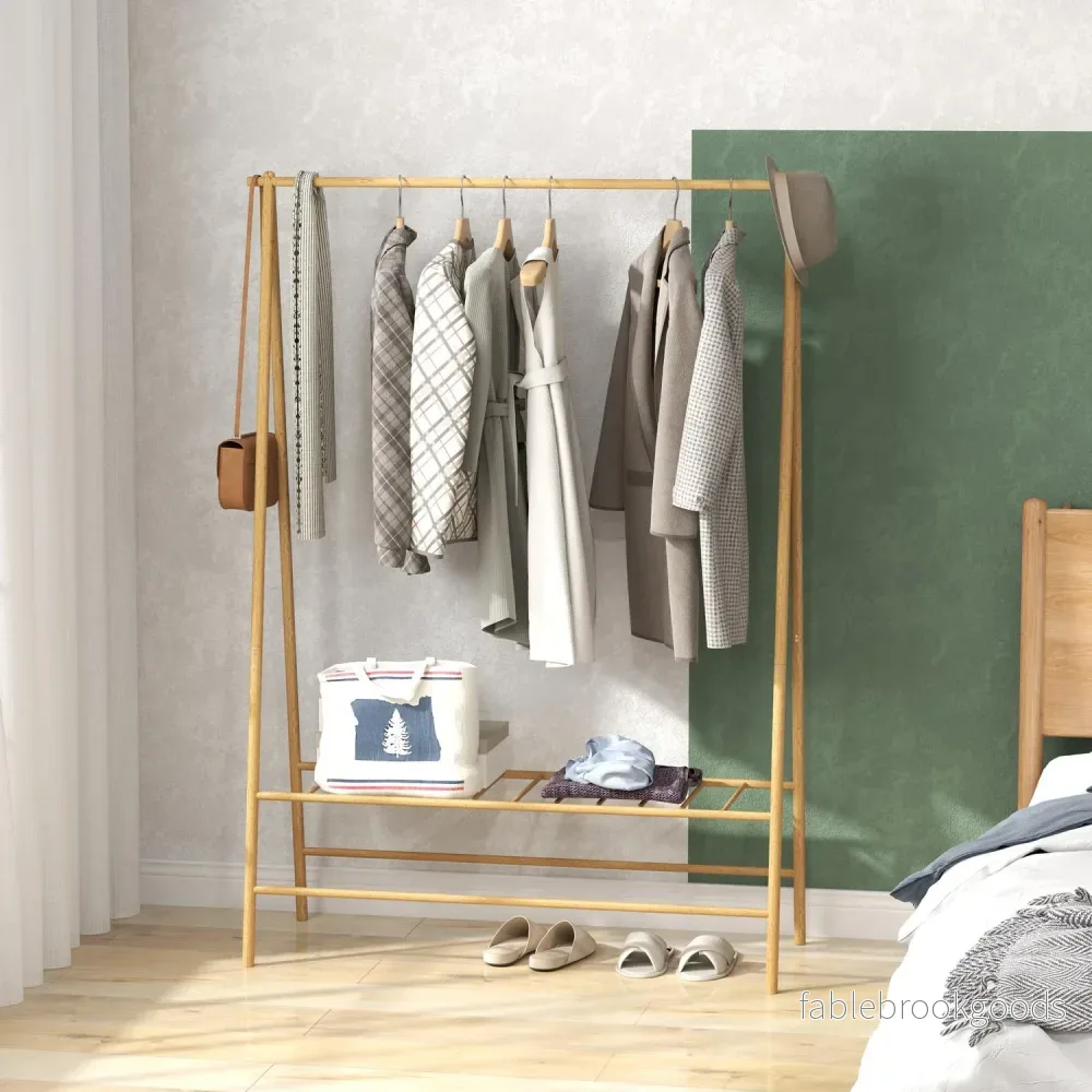 Bambu klädhängare med hyllor och krokar, naturligt trä - Bild 2