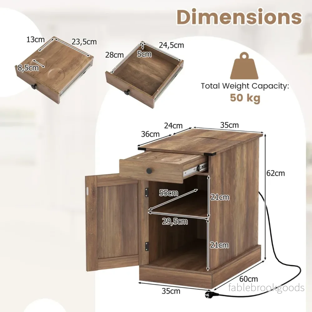 Sidobord – Sidoskåp med Laddningsstation Nattduksbord vikbar bordsyta Låda Rustikalt – Rustik brun - Bild 2