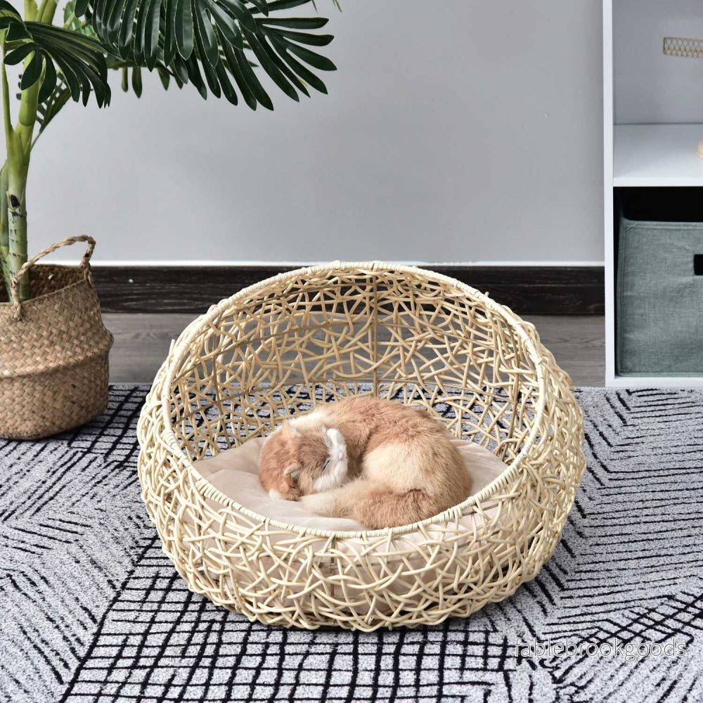 Rattan Cat Cave Bed – Mysig beige med kudde, 56x35Cm - Bild 2
