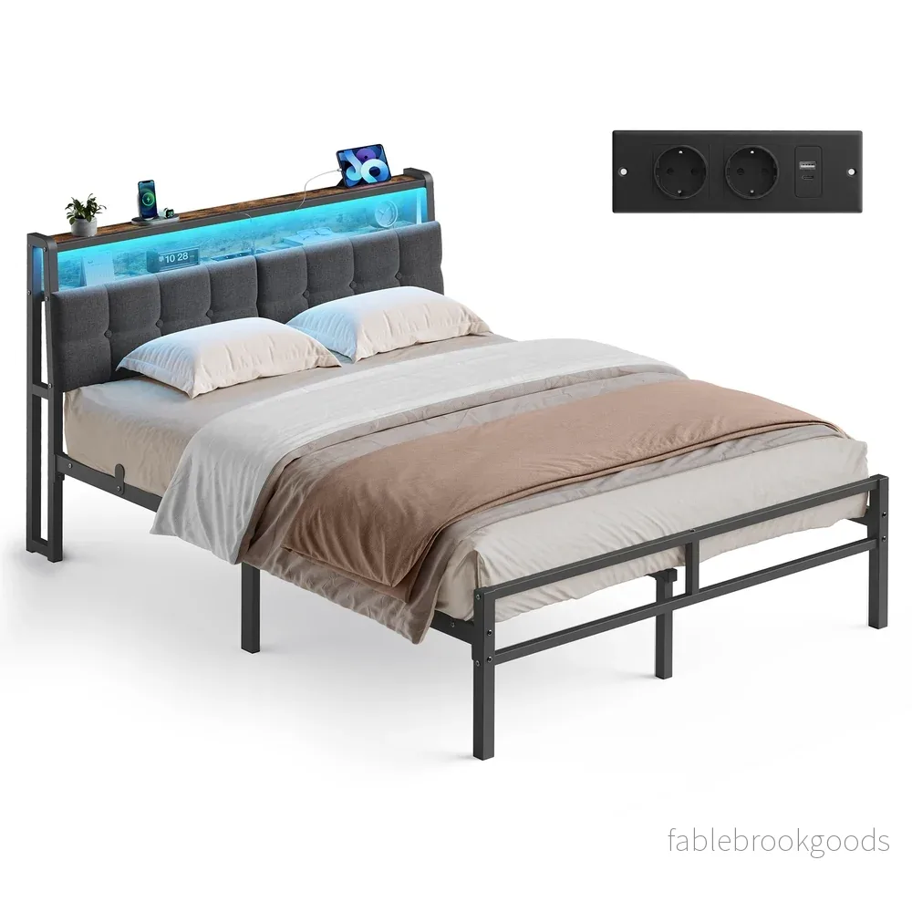 Metalen Bed – 140 x 200 cm – Met Opbergruimte – Ledverlichting – Matzwart Metalen Bed – 140 x 200 cm – Met Opbergruimte – Ledverlichting – Matzwart