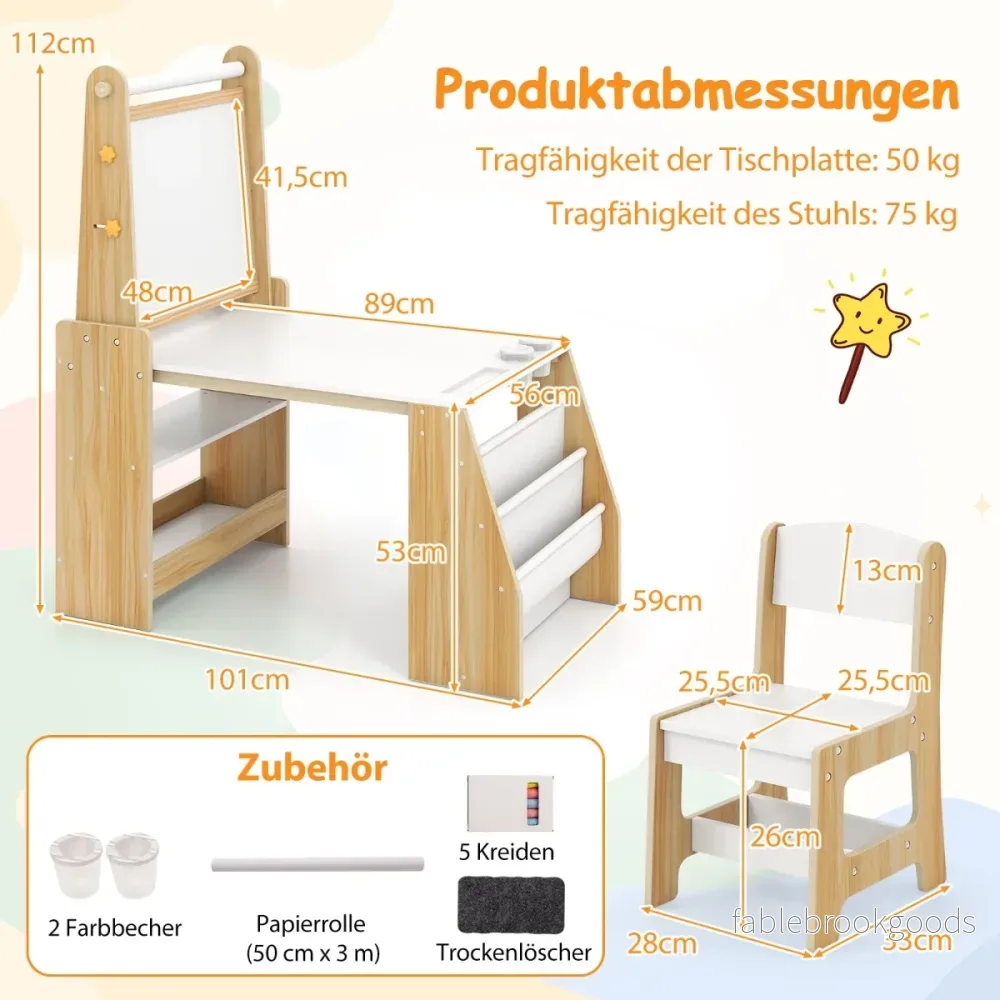 Barnkonstbord – och stol set multifunktionellt barnbord med staffli whiteboard griffeltavla – Natur - Bild 2