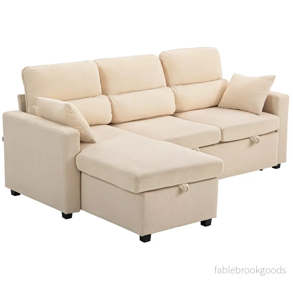 Ställbar L-formad bäddsoffa med förvaring, beige