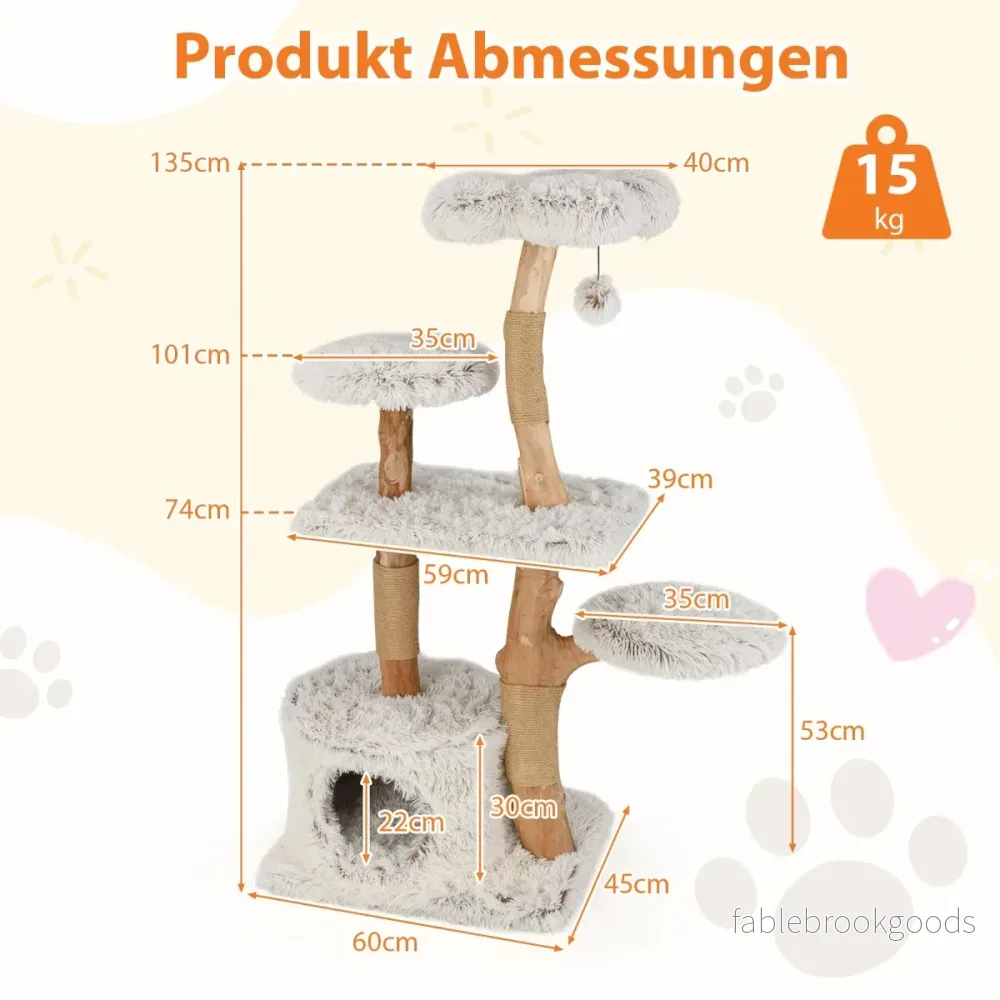 Klösträd – i trä med kattgrotta, plyschsittplats, sittplattform och boll – 135 cm – Vit - Bild 2
