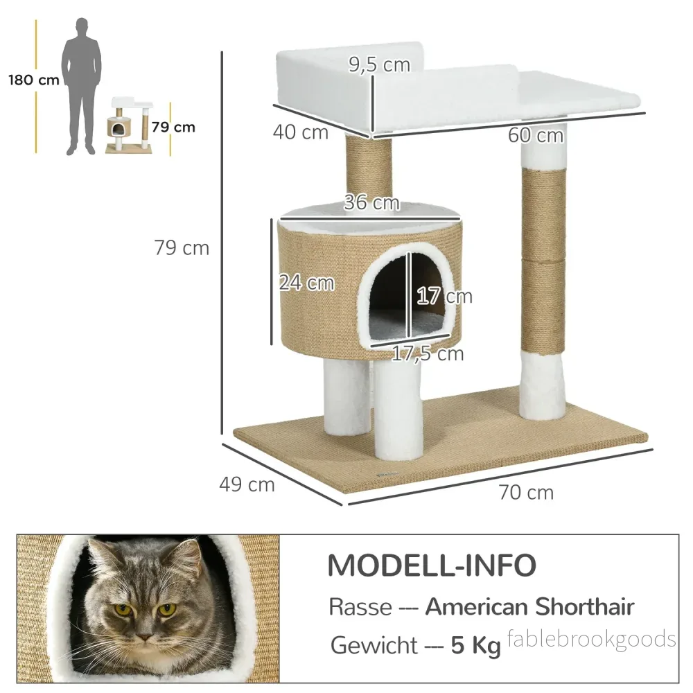 Kattträdskrapstolpe, 79 cm med grotta och säng, jute - Bild 3