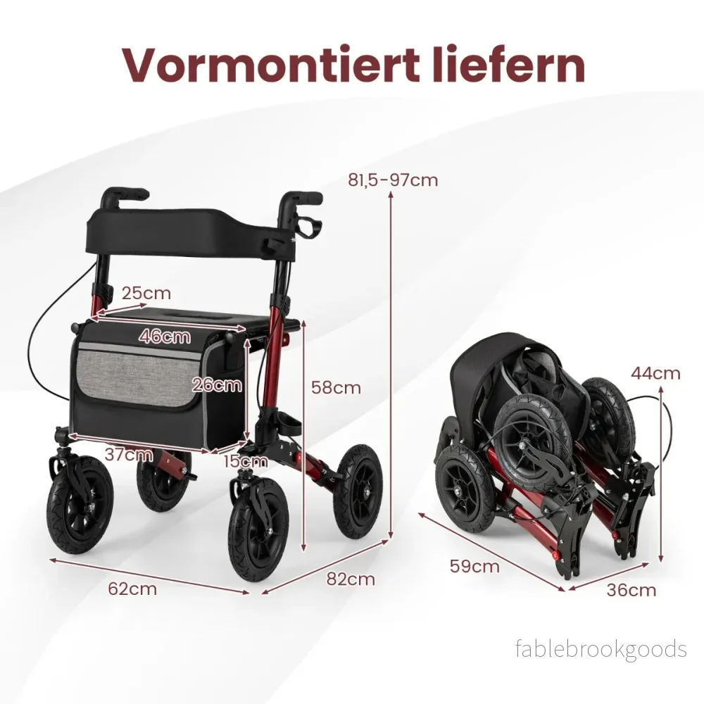 Fällbar – och lätt rollator med luftdäck sittplats i aluminium, upp till kg, i rullstol – 140 2 1 – Röd - Bild 2