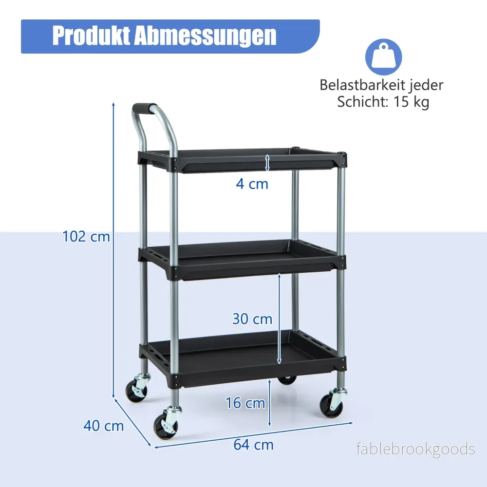 Rullvagn – verkstadsvagn med våningar mobil verktygsvagn vadderat handtag och hjul – 3 64 x 40 x 102 cm – Svart - Bild 2