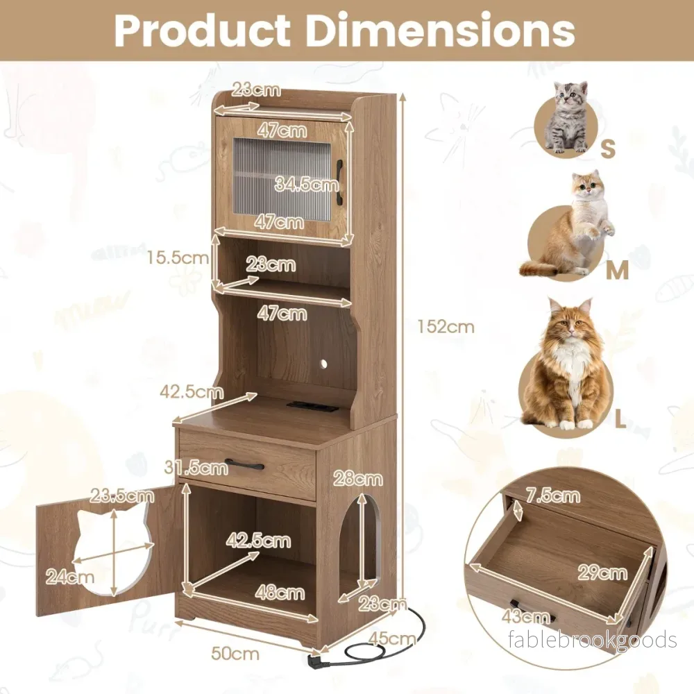 Kattlådaskåp – med Justerbart LED Ljus och Hylla Laddstation Kattsandlåda Naturfärgad – Natur - Bild 2