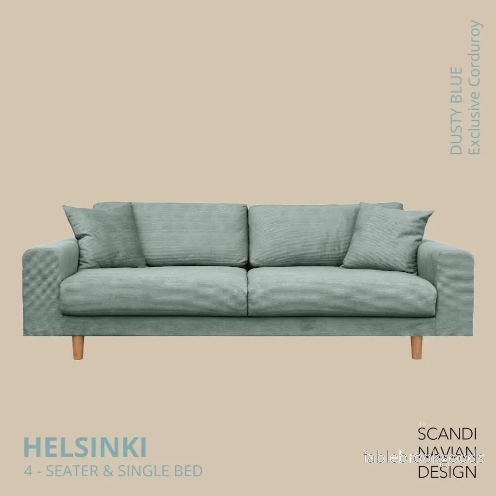 Helsinki 4-seater sofa/single bed, Exclusive Corduroy, Dusty Blue, removable & washable