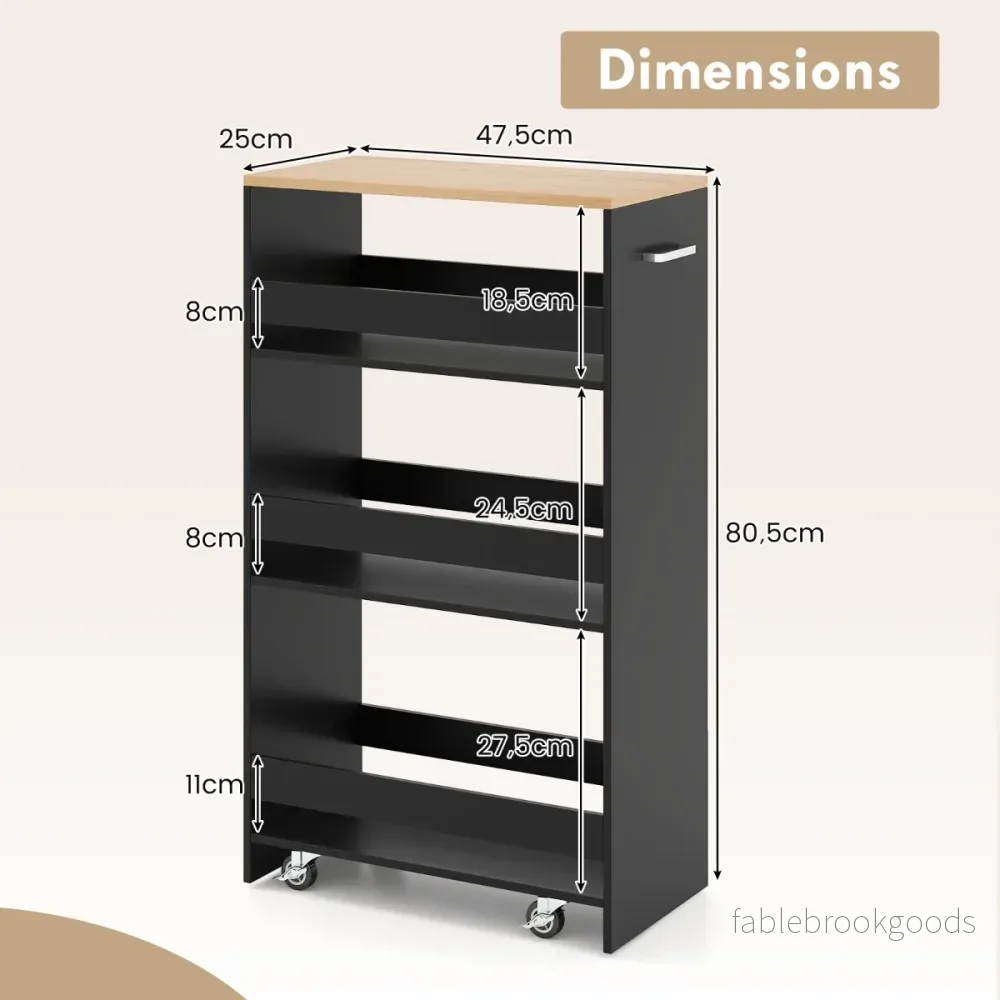 Smal – köksvagn med laddstation stegs rullbar förvaringsvagn + – 4 13 cm – Svart - Bild 2