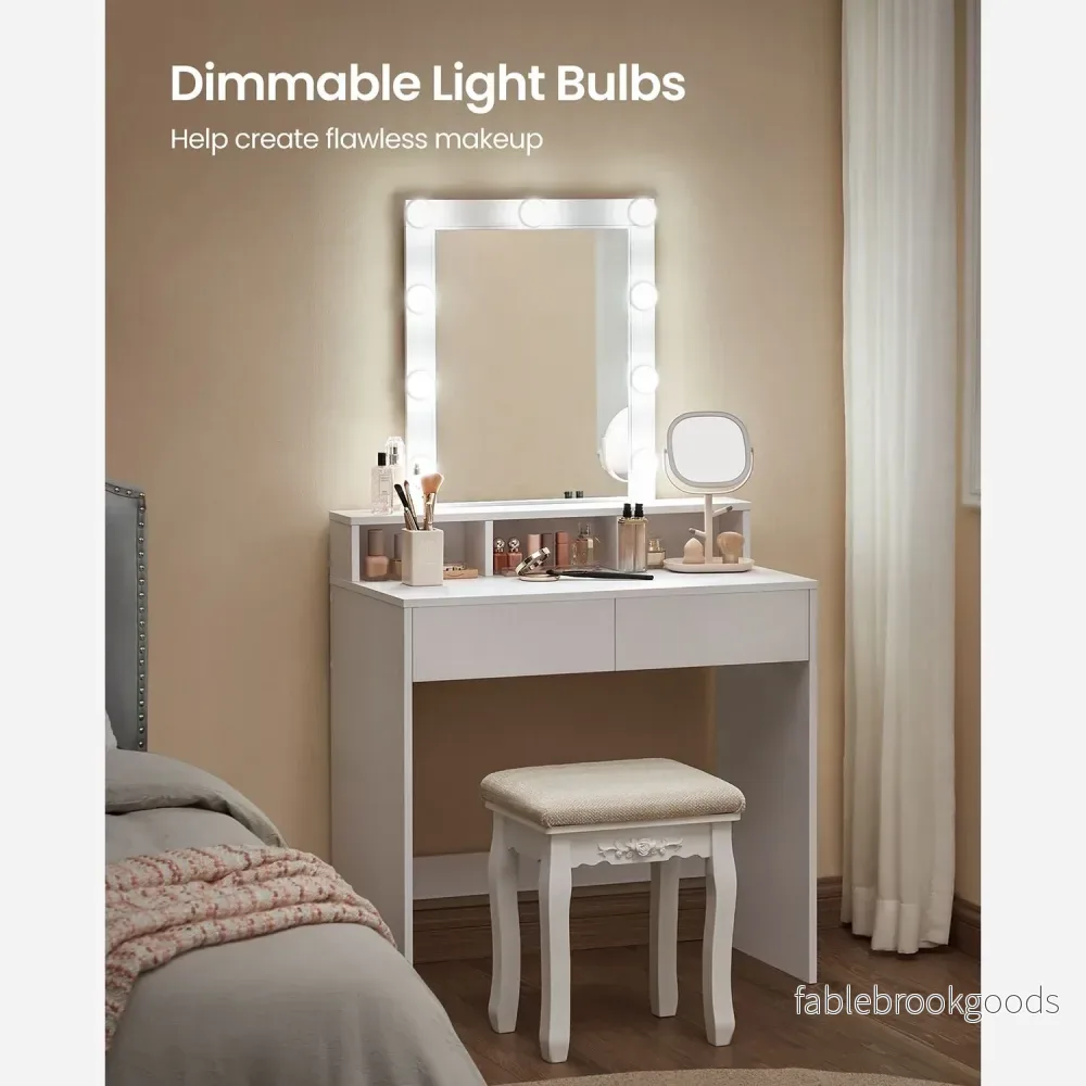 Sminkbord – Dimbara glödlampor – 2 lådor – Vit - Bild 2