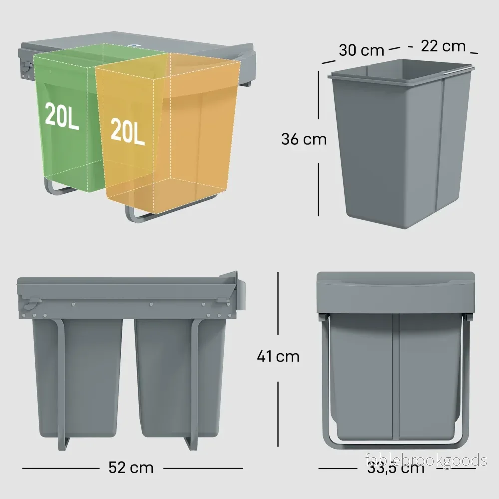 Utdragbar papperskorg, 2x20L, Avtagbara kärl, Grå - Bild 3