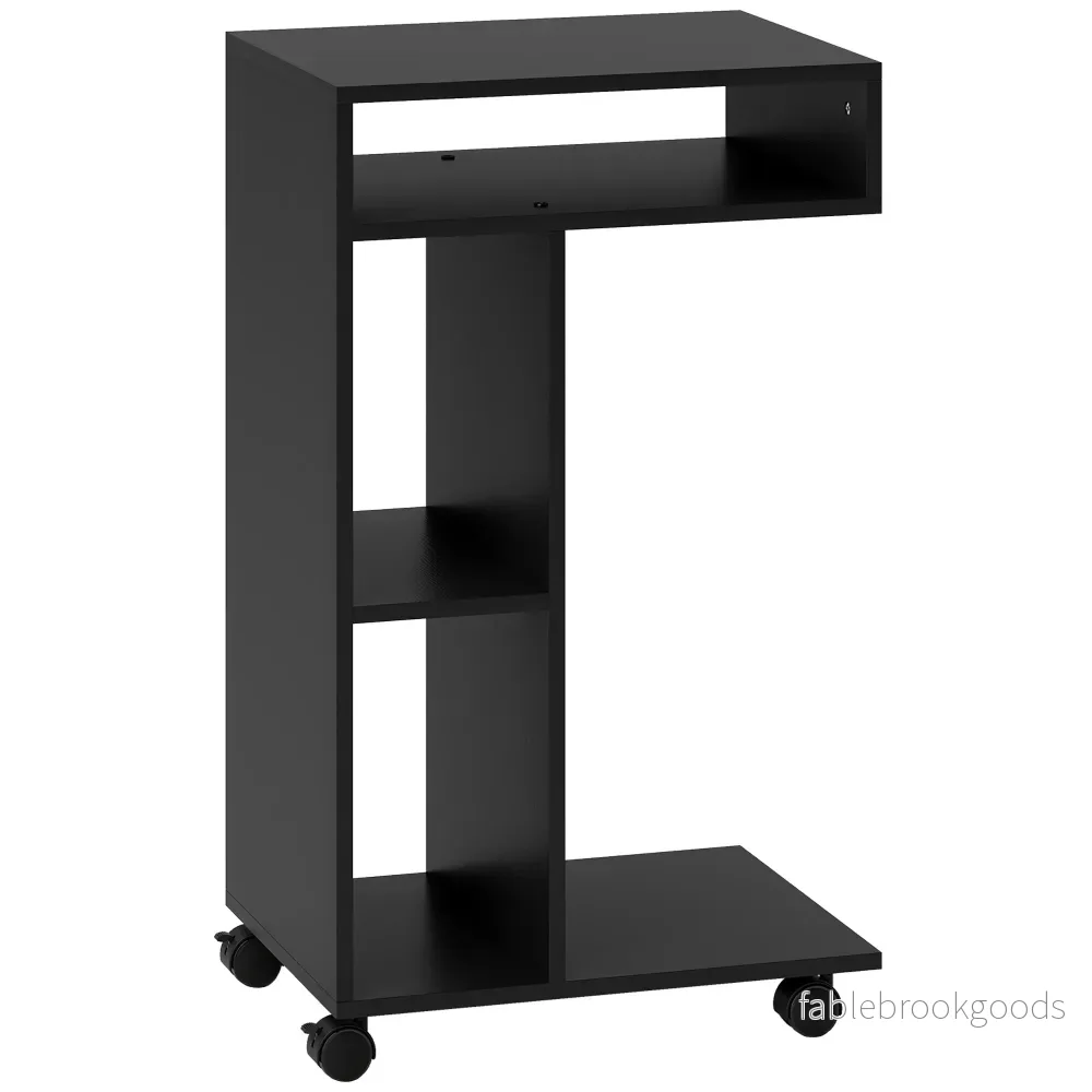 C-format sidobord med hjul, 3 hyllor, 40x30x69 cm, svart