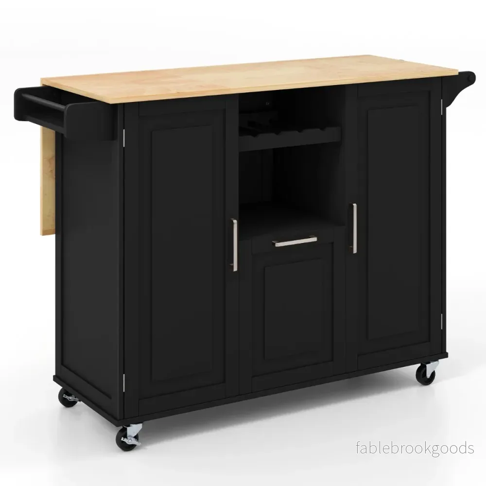 Köksvagn – med hopfällbar bänkskiva och roterande hjul djuplåda Kitchen Island Black – 4 – Svart - Bild 3