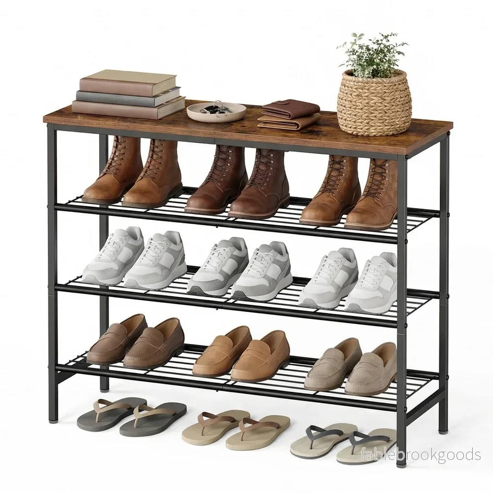 Schoenenbank - 30 x 75 x 69 cm - Metalen frame - 4 lagen - Bruin-zwart - Voor 12-16 paar schoenen - Max. draagkracht bovenpaneel 30 kg - Max. draagkracht per draadplank 11 kg - Bild 2