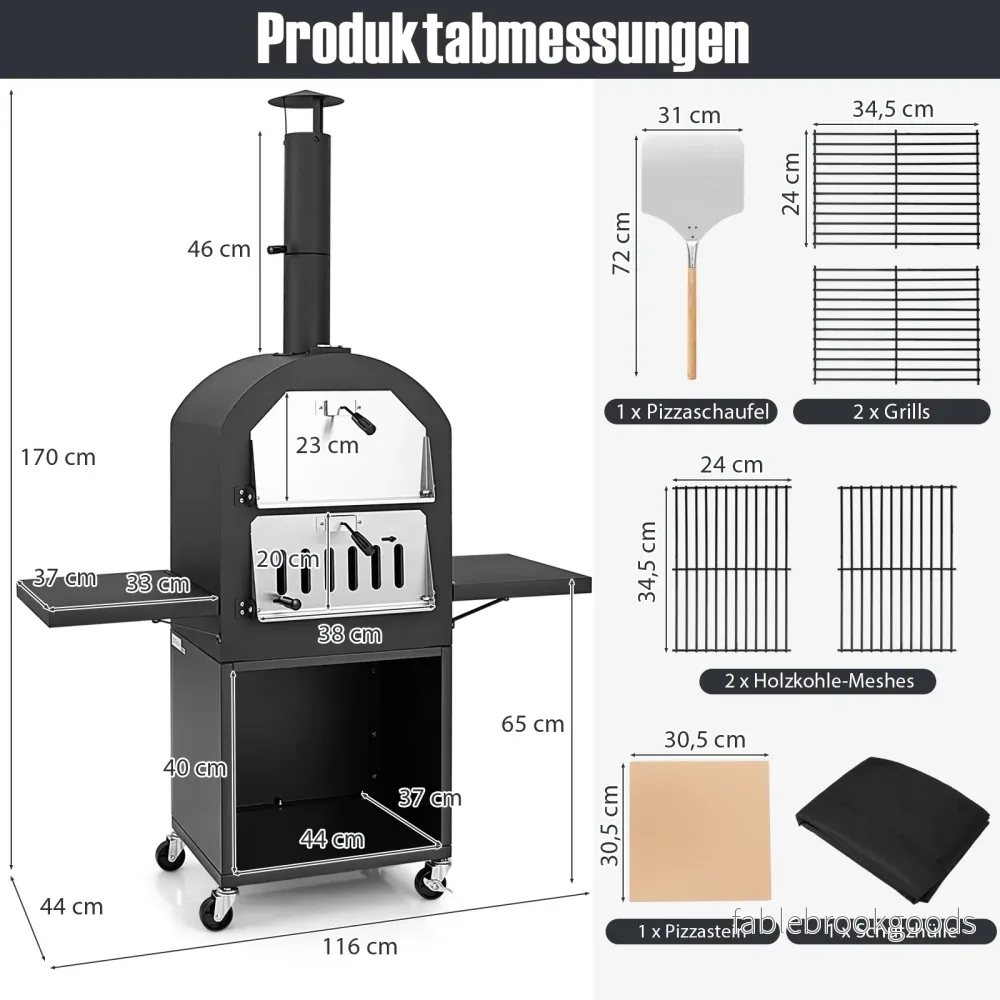 Vedeldad – pizzaugn för utomhusbruk med skyddande överdrag pizzasten pizzaspade och grillgaller – 305 cm – Svart - Bild 2