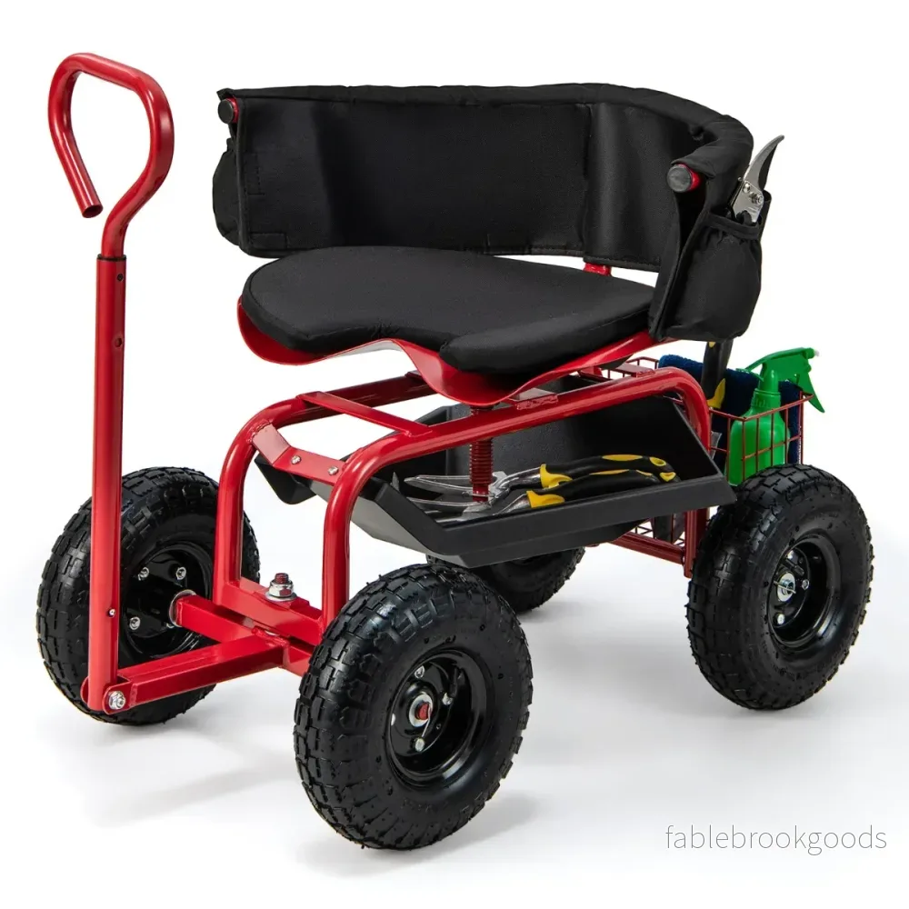 Mobil – sits för trädgårdsarbete Trädgårdsvagn styrbar verktygsvagn med bricka förvaringskorg – Röd och svart - Bild 2