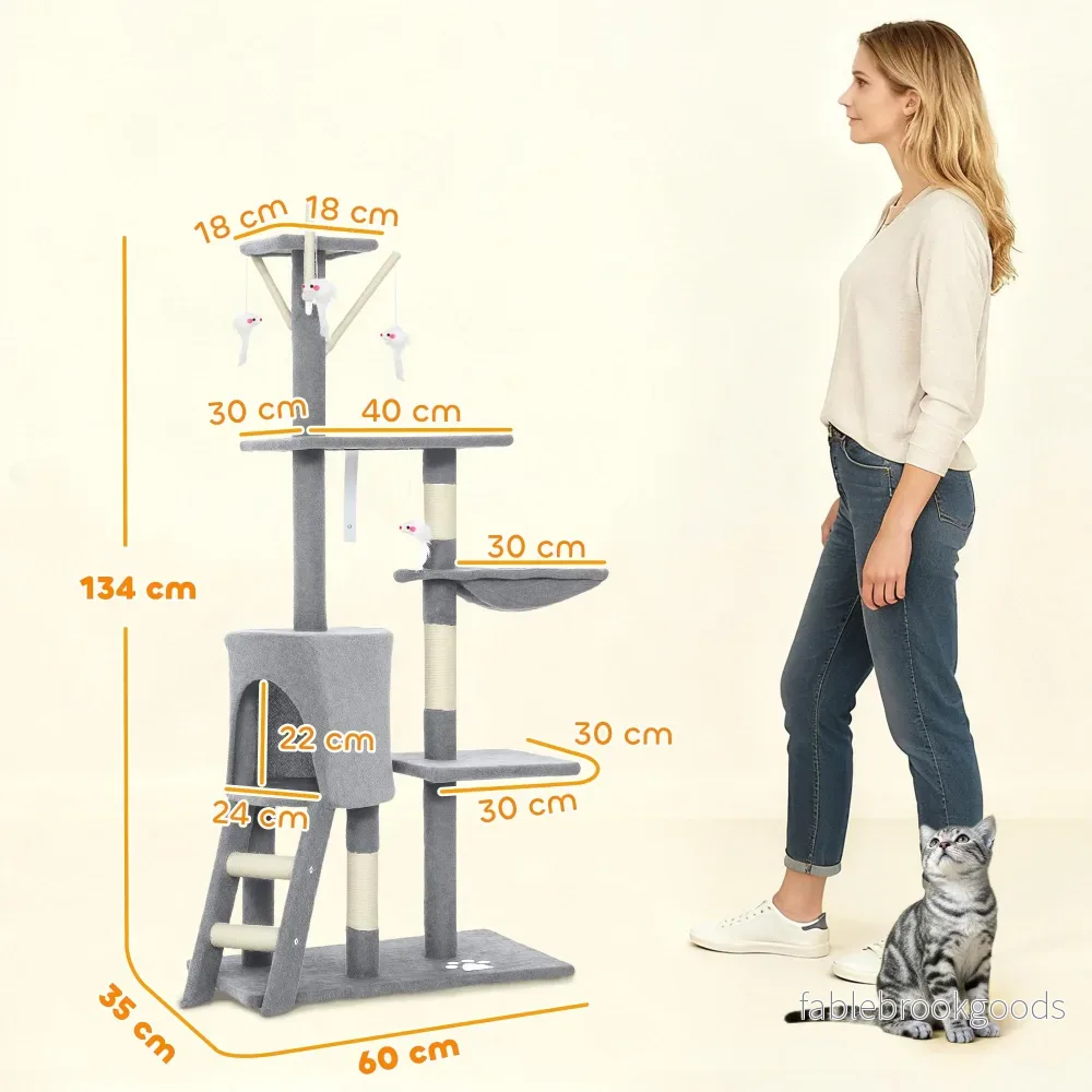 Klösträd med grotta, sisalstolpar, leksaker, för katter <5 kg, grå - Bild 3