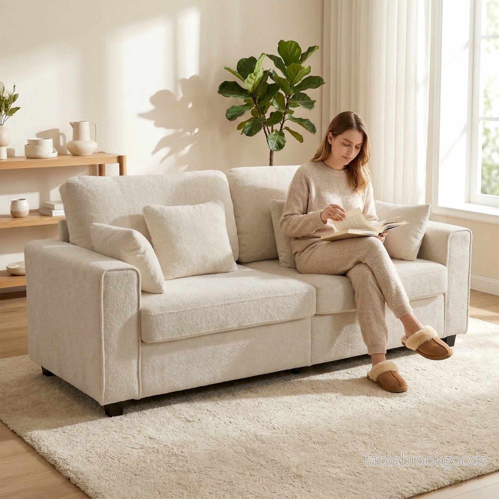 Beige 3-sitssoffa med sammetstyg och djup sits - Bild 2