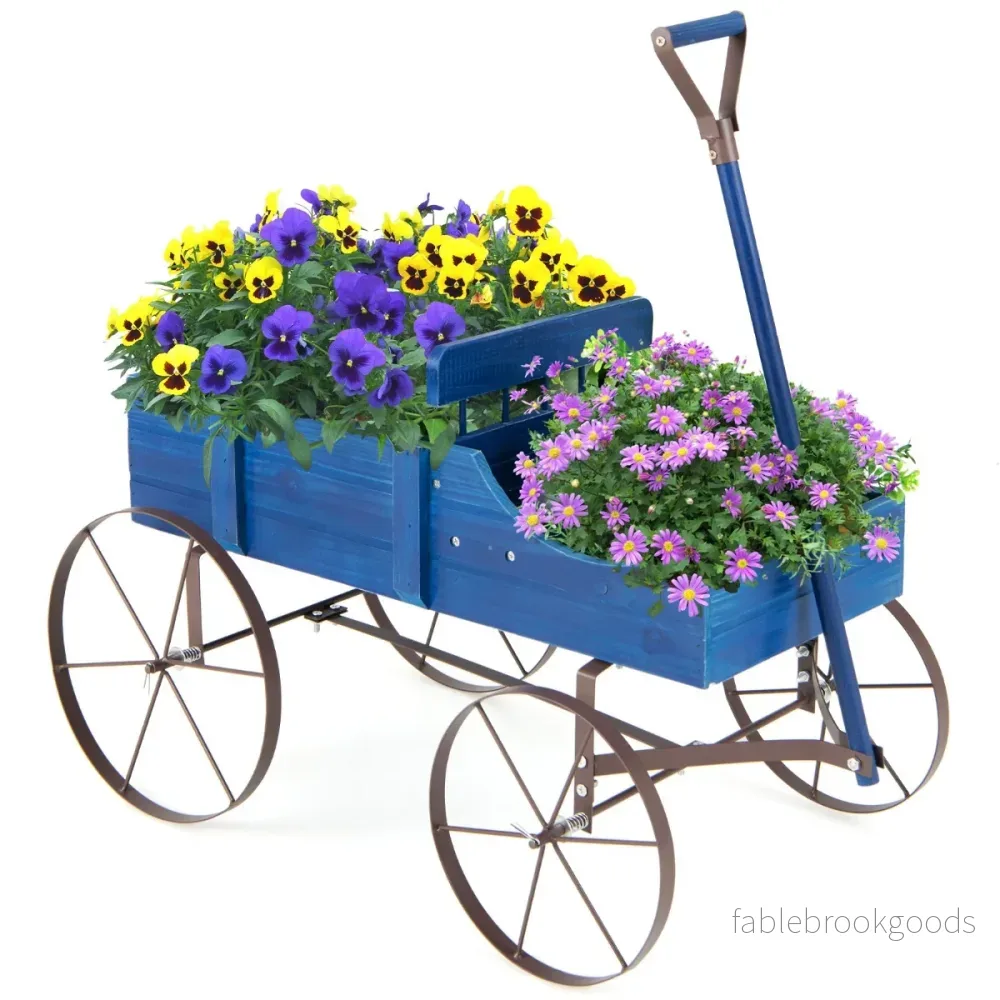Blomstativ – Trävagn Växtvagn Blomstervagn med metallhjul – 62 x 34 x 60 cm – Blå - Bild 2