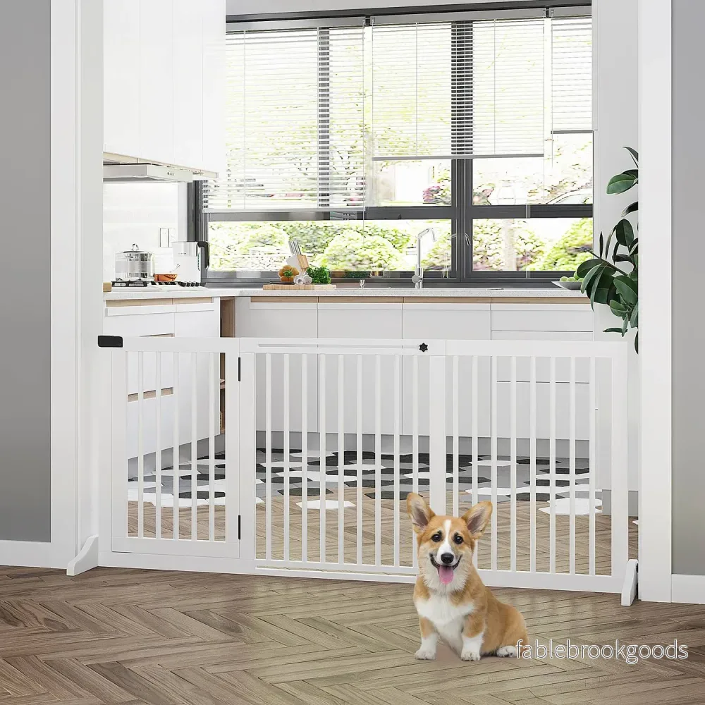 Dog Safety Gate – Fristående trä med lättåtkomlig dörr, vit - Bild 2