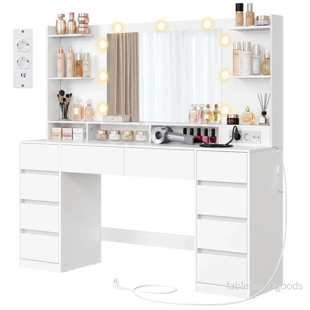 Kaptafel – Met Verlichte Spiegel en Schuifladen – Wolkwit – 137 x 40 x 144,3 cm Kaptafel – Met Verlichte Spiegel en Schuifladen – Wolkwit – 137 x 40 x 144,3 cm