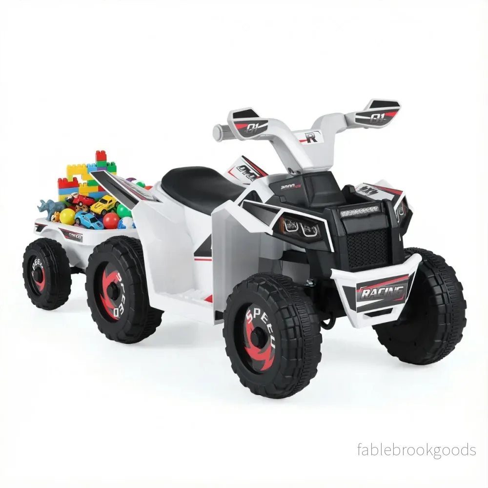 6V – barn elektrisk ATV med släpvagn elfordon slitstarka hjul – Vit