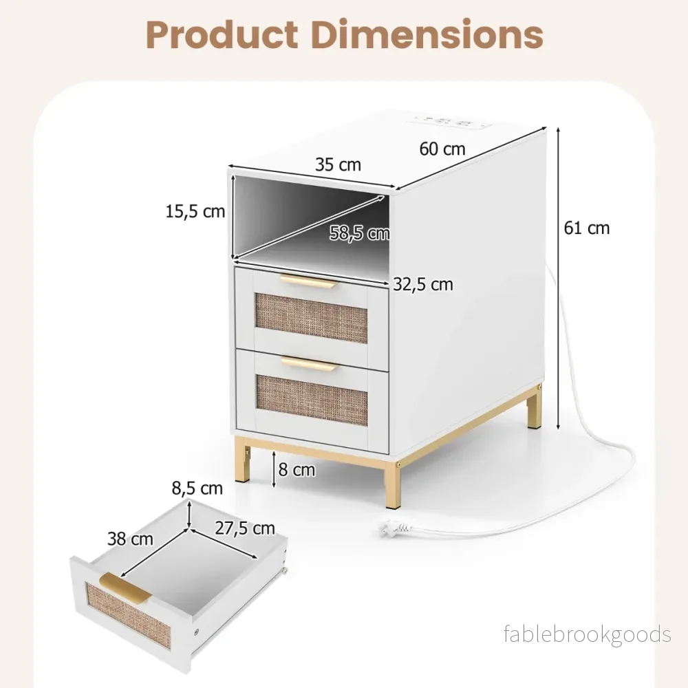 Sidobord – med laddstation och lådor nattduksbord i rotting trä soffbord vitt. – 2 – Vit - Bild 2