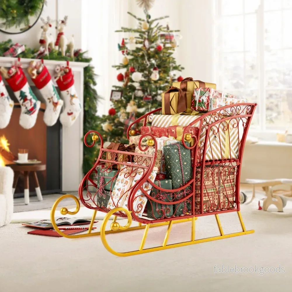 Metall – jultomte släpkorg vånings presentförvaringssläp festlig dekorativ släpvagn – 2 – Röd - Bild 3