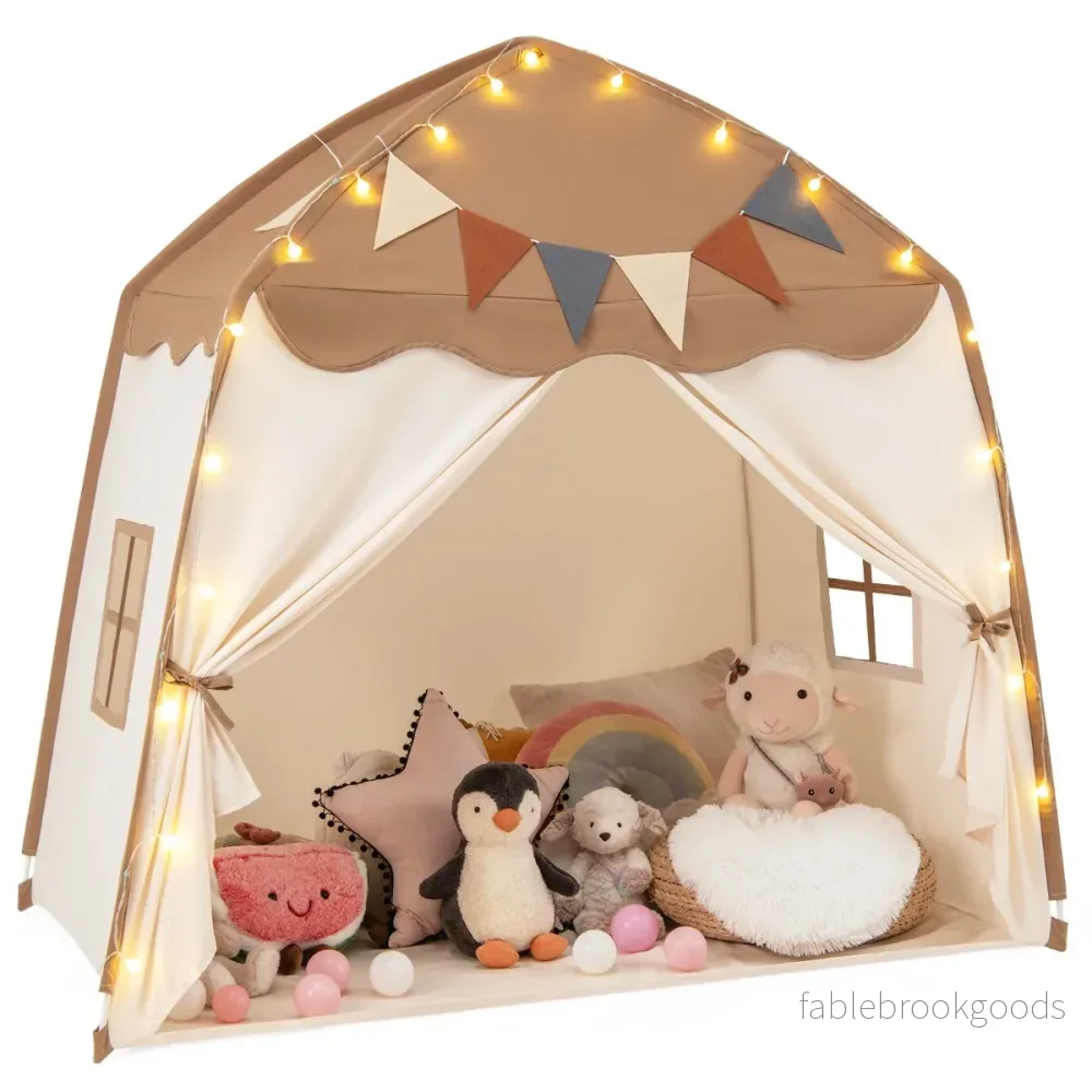 Lekstuga – Barn inomhus med flaggor och Fairy Lights Princess Play Tent Coffee – Kaffe