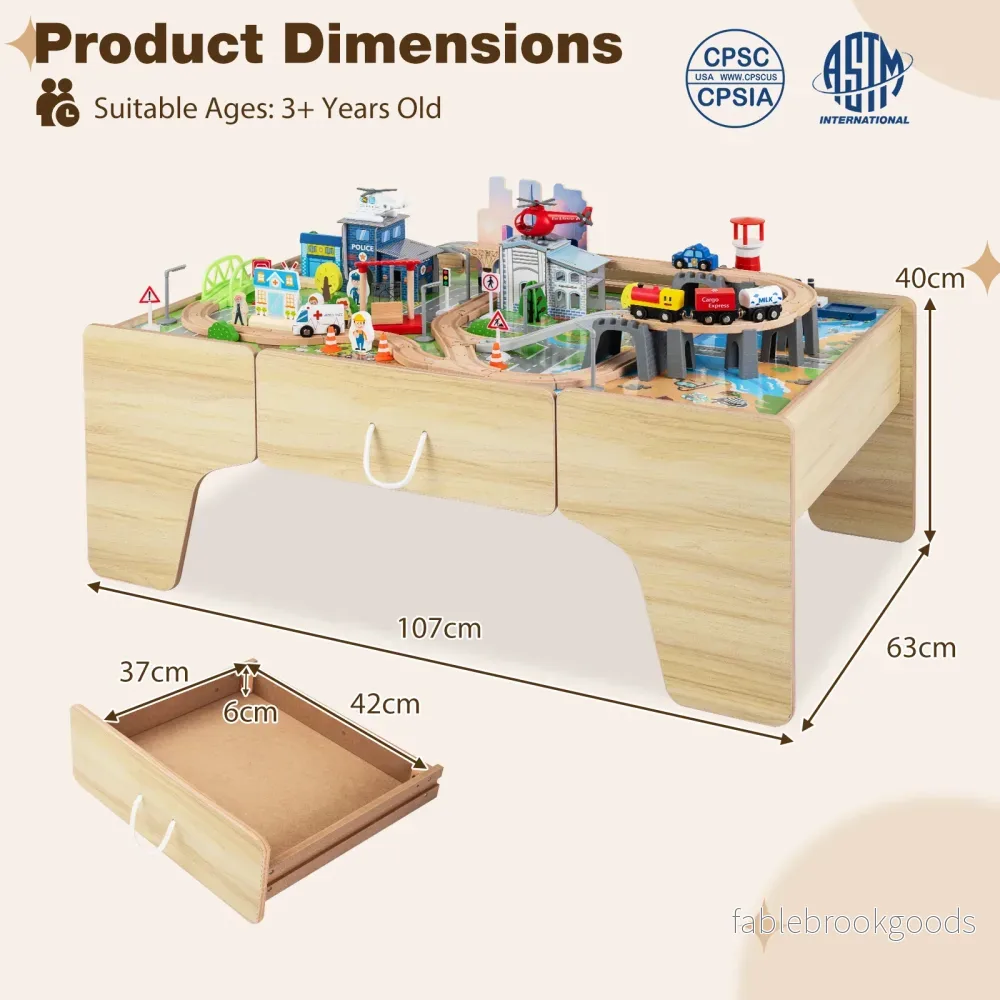 Trälekbord, – 110‑delat barnjärnvägsset med stor inbyggd låda, – 107 x 63 x 40 cm - Bild 2