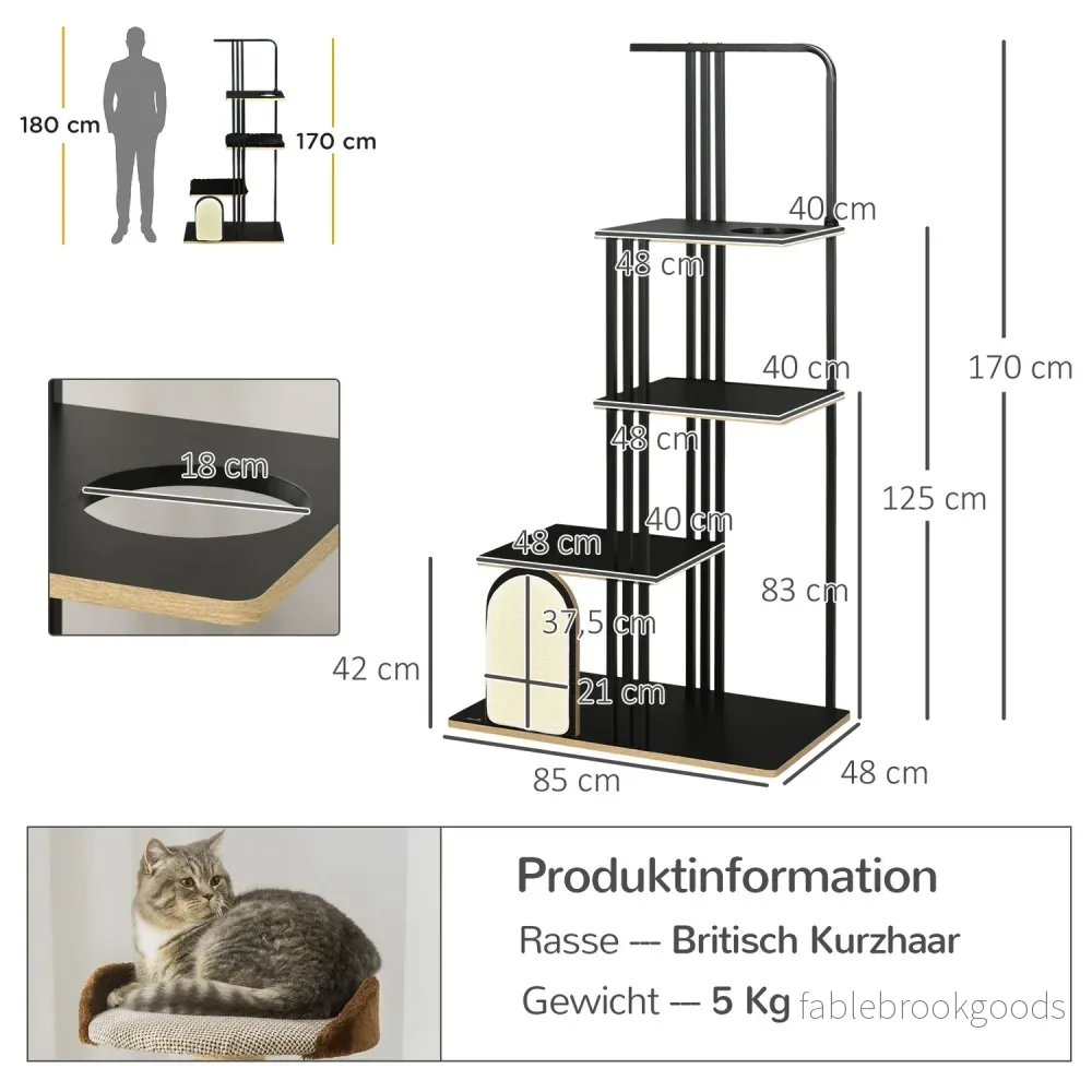 Kattträd 170cm, stort svart stål med kuddar & plattformar - Bild 3