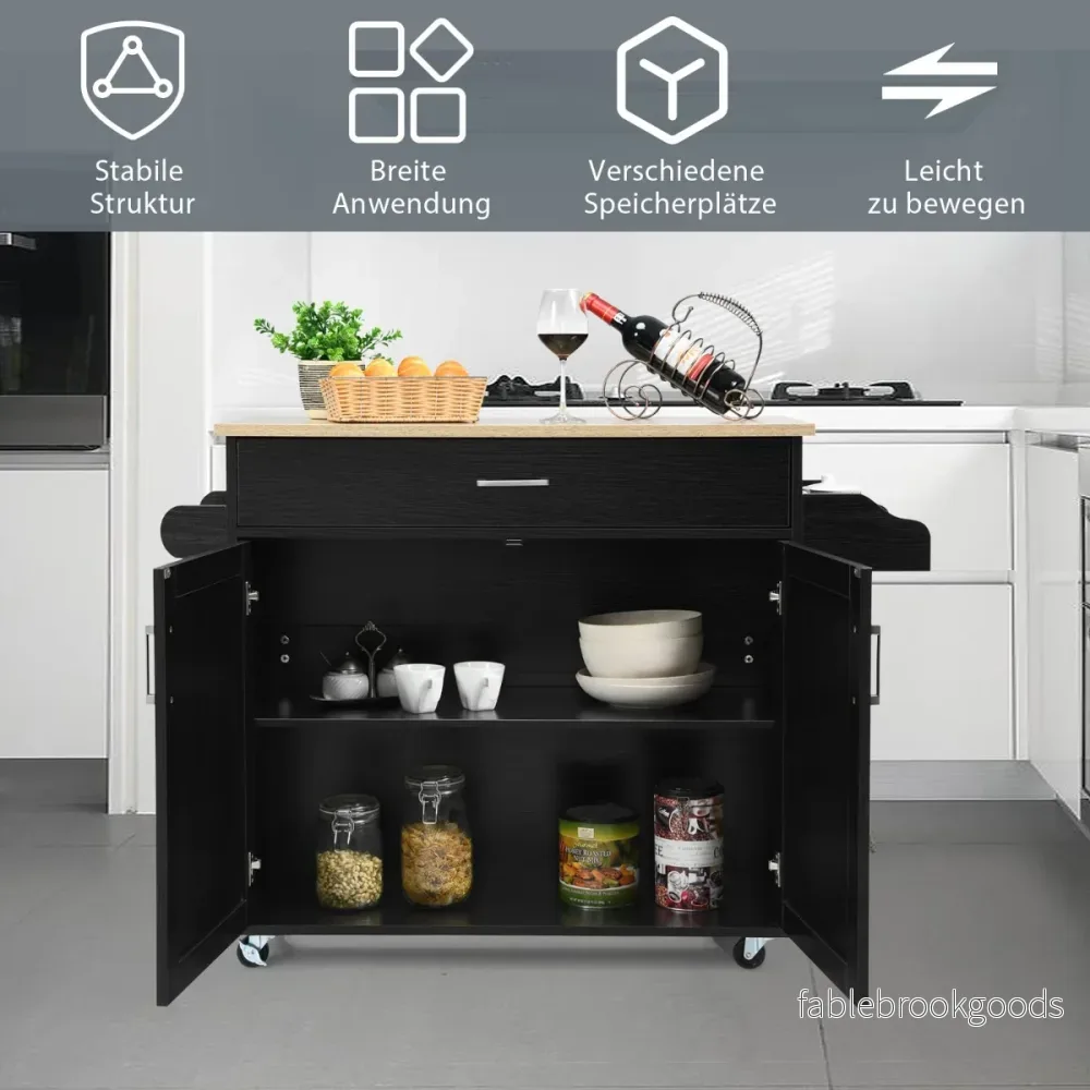 Köksvagn – köksö med låda och höj sänkbar hylla + – 116 x 40 x 85 cm – Svart