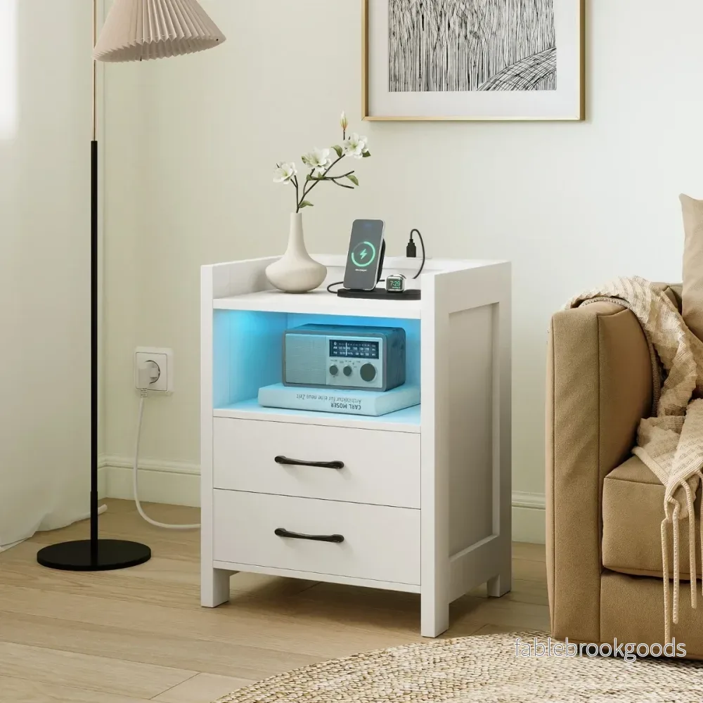 Nattduksbord – med LED belysning och laddningsstation lådor öppet förvaringsfack Sidobord Vitt – 2 45 x 35 x 60 cm – Vit - Bild 3