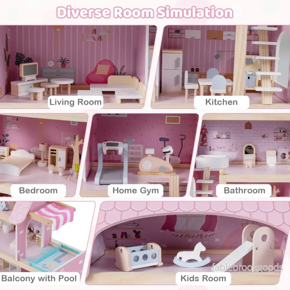 Barns – trädockhus med möbler DIY lekhus balkong och pool – 33 – Rosa - Bild 3