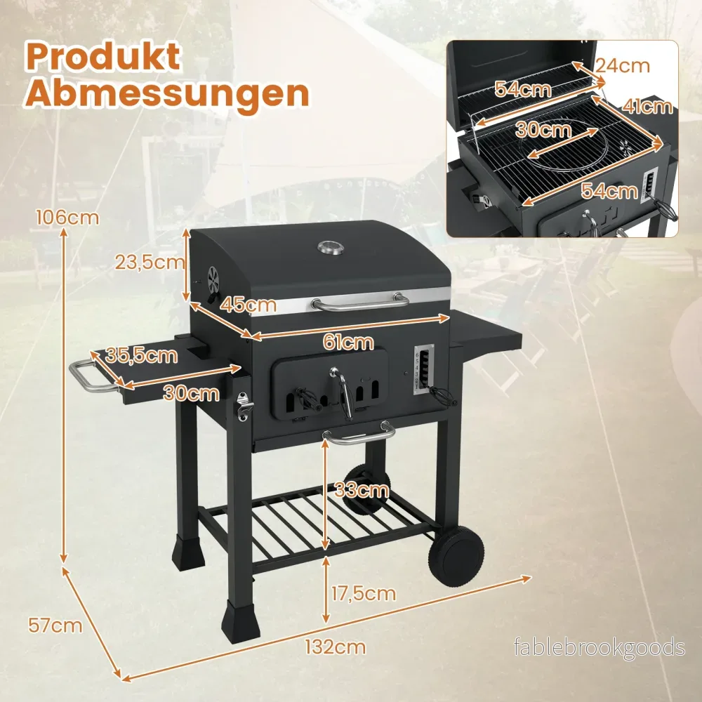 Fass – Holzkolsgrill med fällbara sidobord Utomhusgrill förvaringsfack och hjul – 2 – Svart - Bild 2