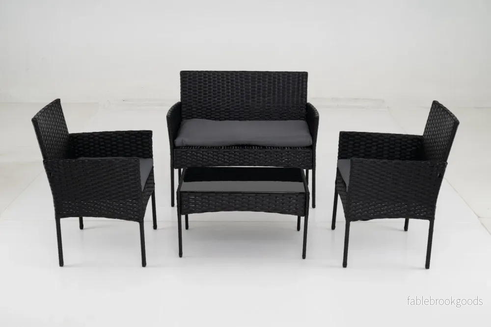 Rattangårdsmöbler – set med stolar, bänk, bord och kudde, sittgrupp, trädgårdsmöbler – 2 – Grå