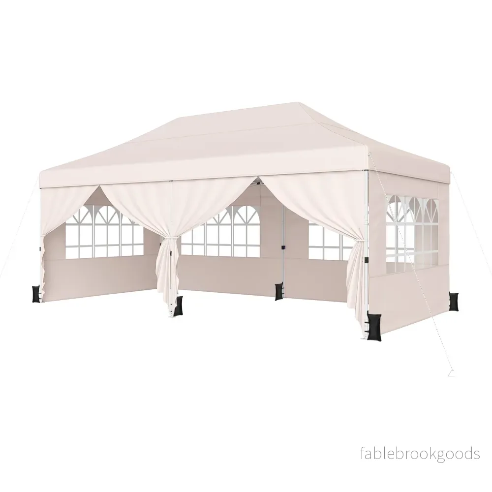 Hopfällbar – paviljong med fyra sidoväggar höjdläsbar pop up – 3 x 6 m – Beige