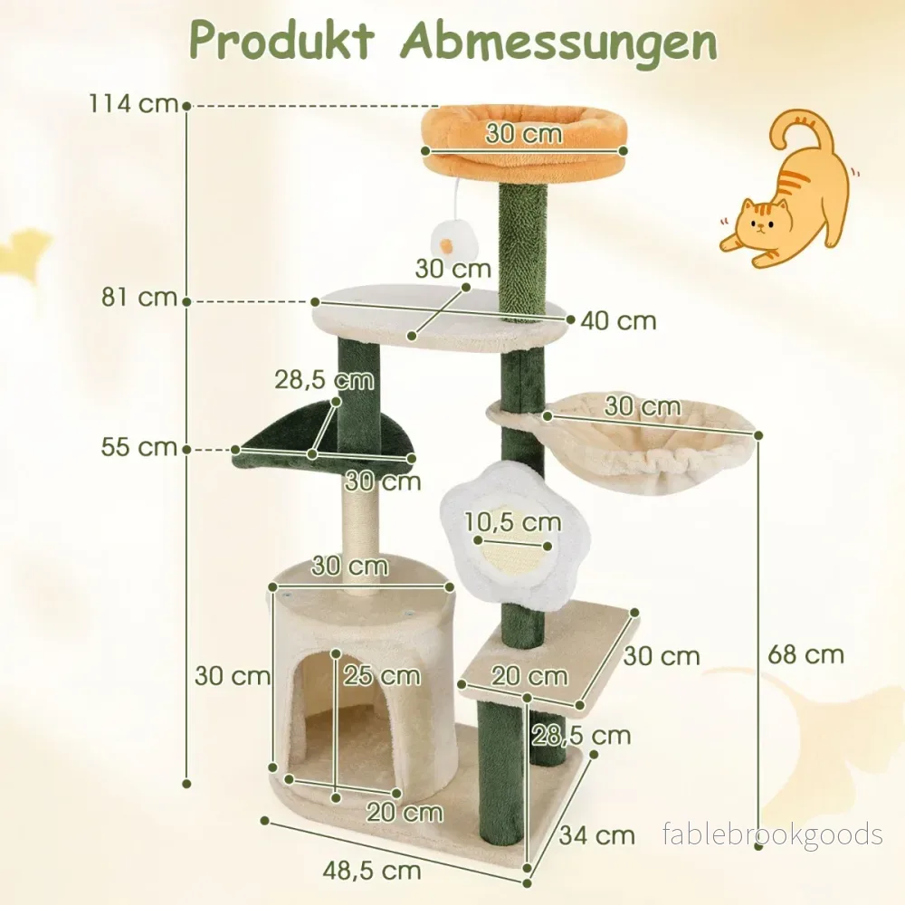Kratsträd – högt kattträd med kattgrotta blommig sitsyta grön+beige – 114 cm – Färgglad - Bild 2