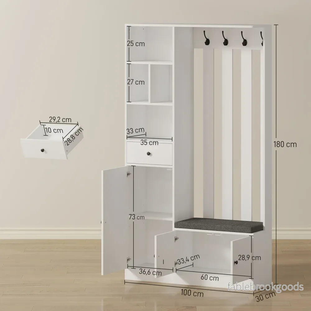 Garderob med klädställning, skobänk, krokar, MDF, vit - Bild 3