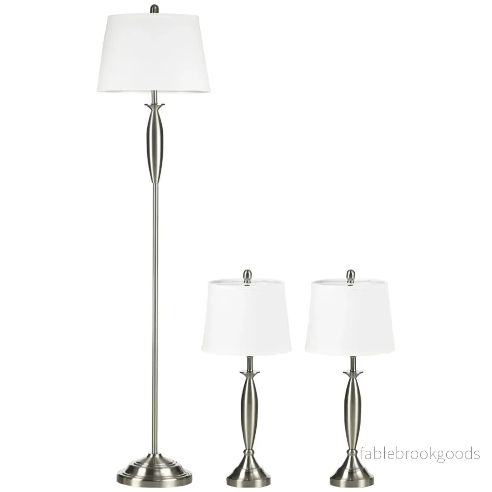 Golv- & bordslampssats, Silver & Vit, E27, 3-delad