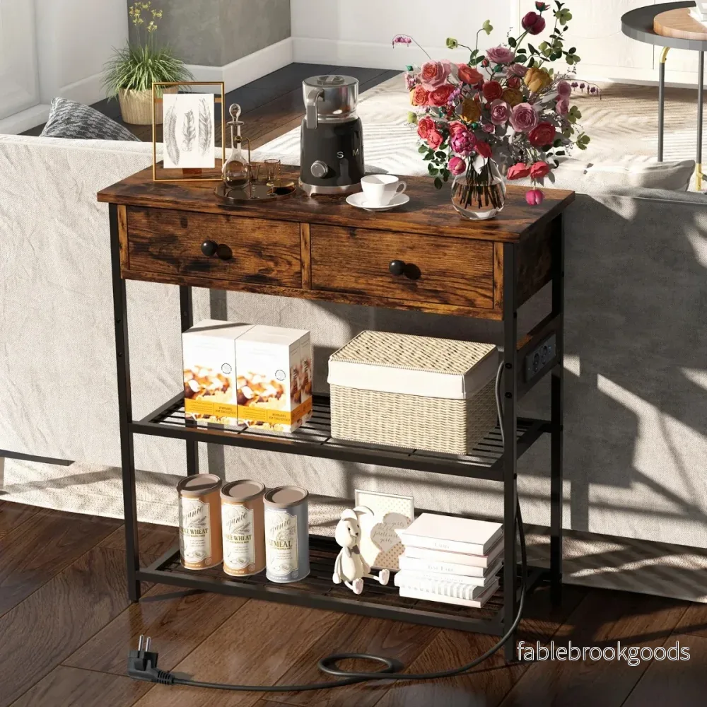 Konsolbord – med laddningsstation och lådor Hallbord Entrébord USB TypeC anslutningar – 2 – Rustik brun - Bild 3