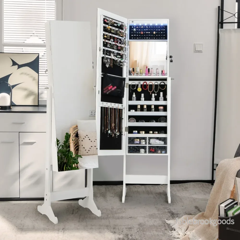Lutningsbart – smyckesskåp med helspegel och LED lampor vita – Vit - Bild 2