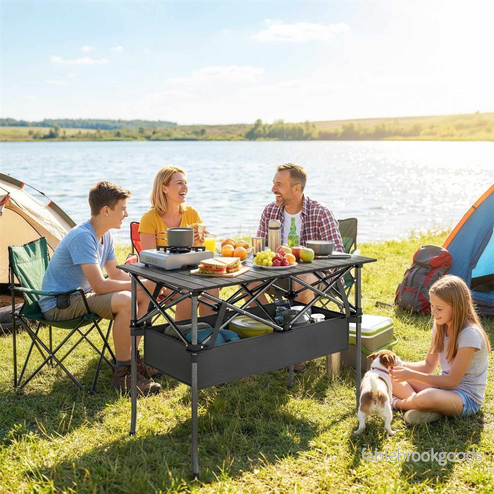 Bärbart hopfällbart campingbord med nätförvaring, svart - Bild 2