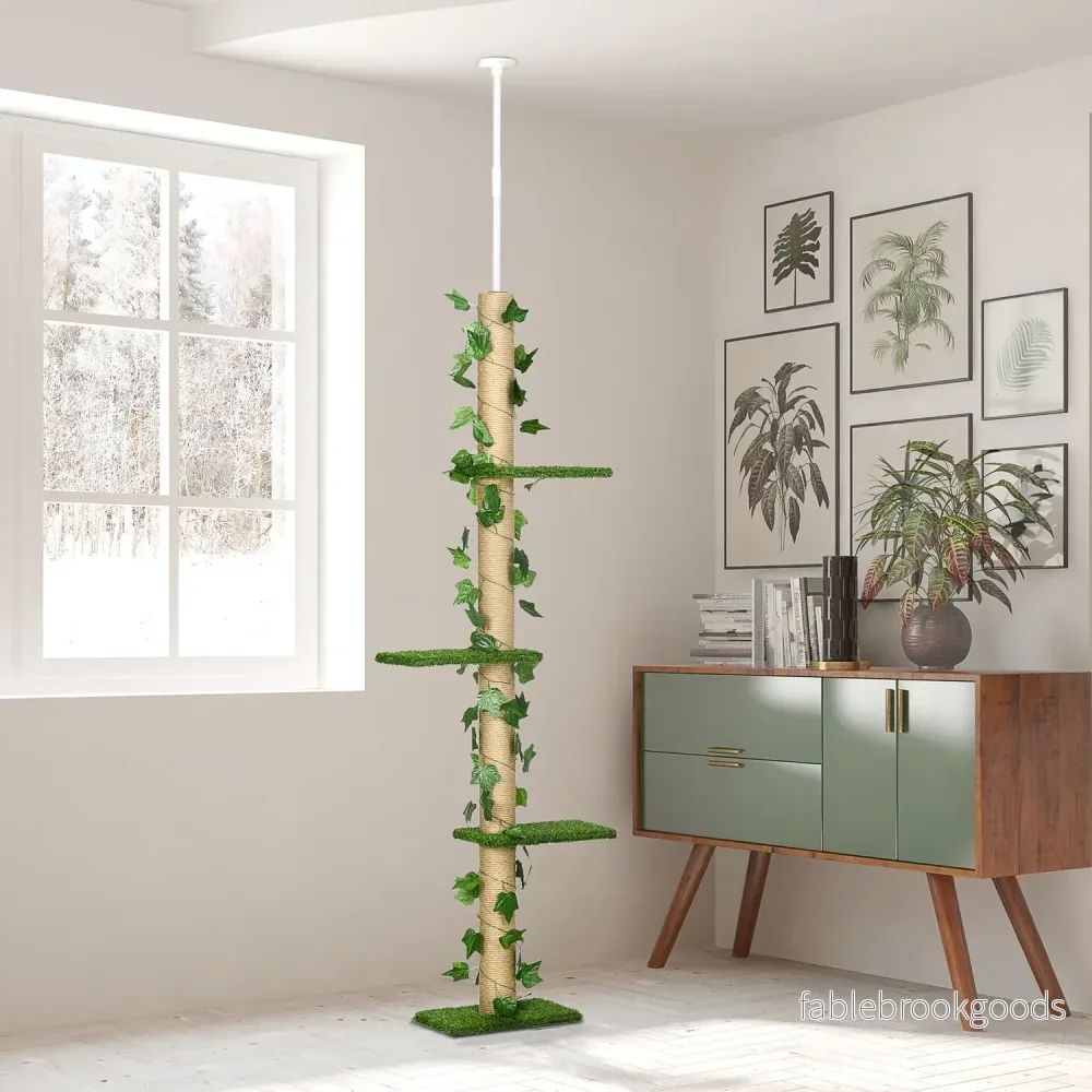 Justerbar jute kattträd, takhöjd 202-242 cm, grön/gul - Bild 2
